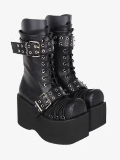 Bottes épaisses gothiques Lolita en cuir PU à bout rond chaussures Lolita bordeaux
