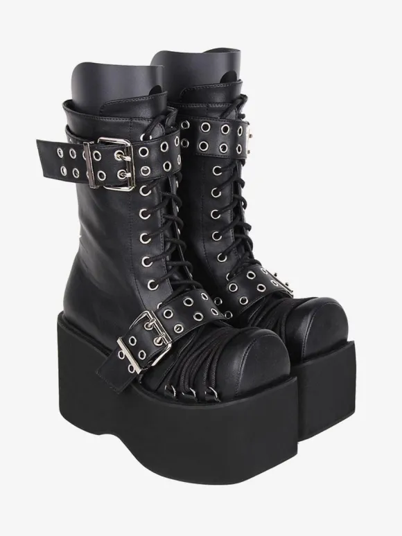 Bottes épaisses gothiques Lolita en cuir PU à bout rond chaussures Lolita bordeaux