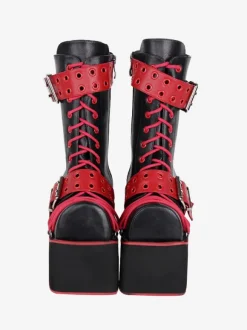 Bottes épaisses gothiques Lolita en cuir PU à bout rond chaussures Lolita bordeaux