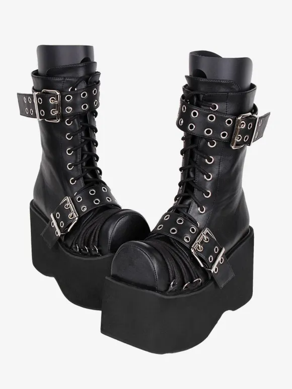 Bottes épaisses gothiques Lolita en cuir PU à bout rond chaussures Lolita bordeaux