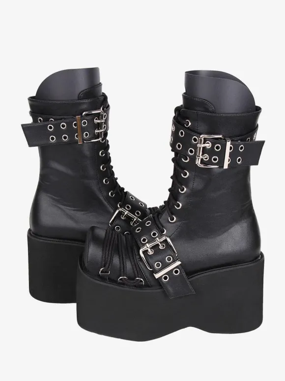 Bottes épaisses gothiques Lolita en cuir PU à bout rond chaussures Lolita bordeaux