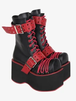 Bottes épaisses gothiques Lolita en cuir PU à bout rond chaussures Lolita bordeaux