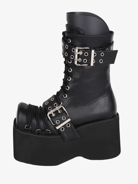 Bottes épaisses gothiques Lolita en cuir PU à bout rond chaussures Lolita bordeaux