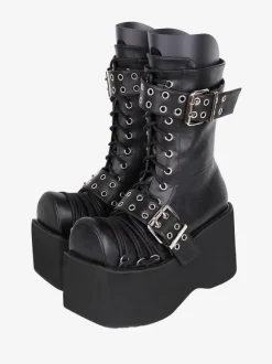 Bottes épaisses gothiques Lolita en cuir PU à bout rond chaussures Lolita bordeaux