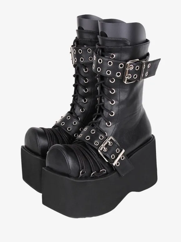 Bottes épaisses gothiques Lolita en cuir PU à bout rond chaussures Lolita bordeaux