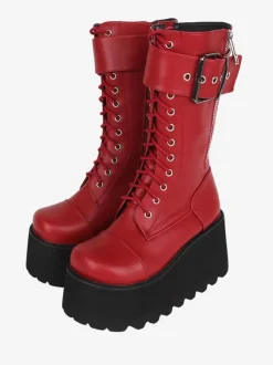Bottes épaisses gothiques Lolita noires en cuir PU à bout rond chaussures Lolita