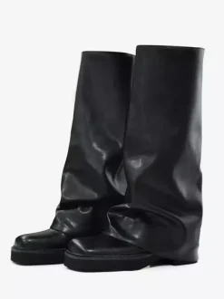 Bottes plates en daim pour femmes à bout rond froncées montantes jusqu'au genou.
