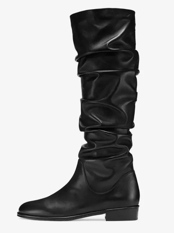 Bottes plates noires pour femmes bout rond froncées hauteur genou