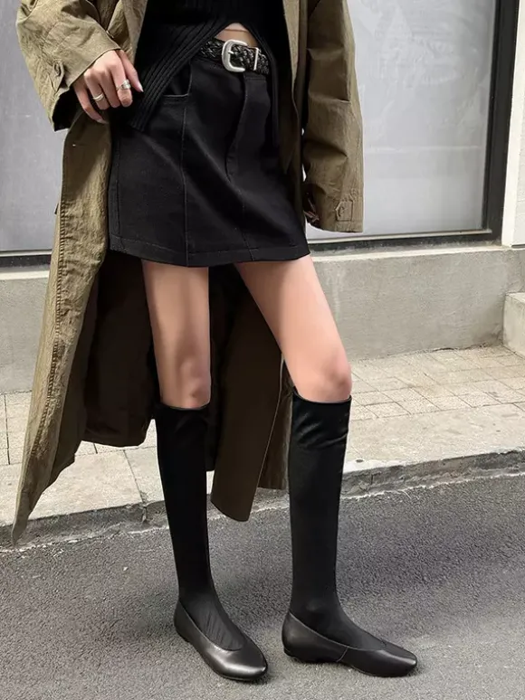 Bottes plates pour femmes bout rond style souple mi-mollet