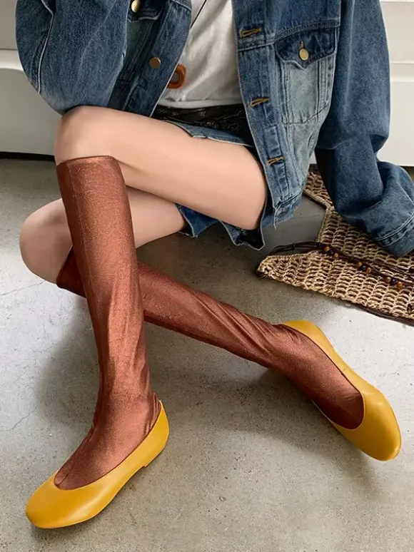 Bottes plates pour femmes bout rond style souple mi-mollet