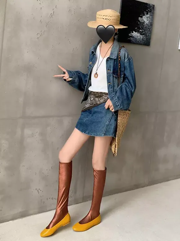 Bottes plates pour femmes bout rond style souple mi-mollet