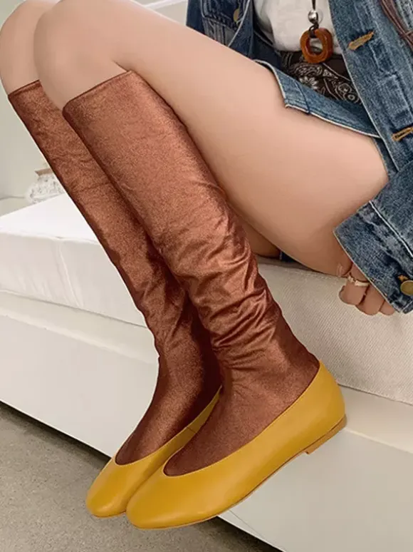 Bottes plates pour femmes bout rond style souple mi-mollet