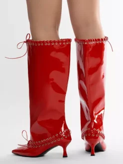Bottes rouges à mollet large pour femmes bottes hautes à bout pointu et talon chaton