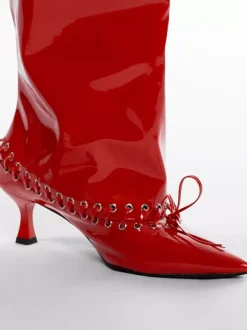 Bottes rouges à mollet large pour femmes bottes hautes à bout pointu et talon chaton