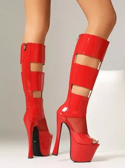 Bottes sandales noires à plateforme et bout ouvert empiècements en résille fermeture éclair talons hauts
