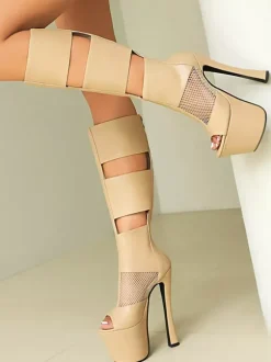 Bottes sandales noires à plateforme et bout ouvert empiècements en résille fermeture éclair talons hauts