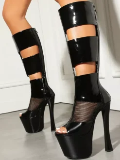 Bottes sandales noires à plateforme et bout ouvert empiècements en résille fermeture éclair talons hauts