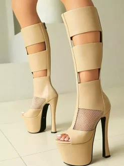Bottes sandales noires à plateforme et bout ouvert empiècements en résille fermeture éclair talons hauts