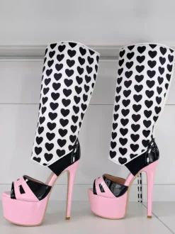 Bottes sandales roses à talons hauts plateforme bout ouvert imprimées montantes jusqu'aux genoux
