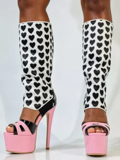 Bottes sandales roses à talons hauts plateforme bout ouvert imprimées montantes jusqu'aux genoux