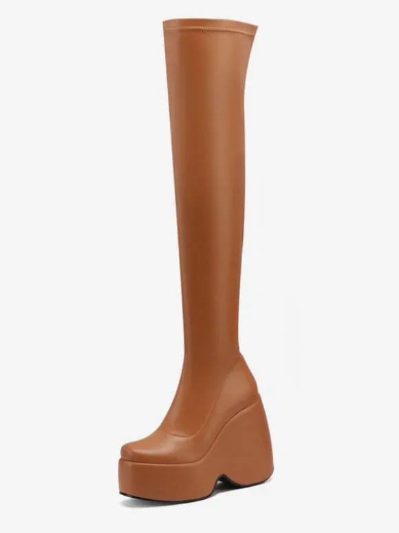 Bottes sexy à talons hauts bout carré talon compensé cuissardes noires cuissardes au-dessus du genou