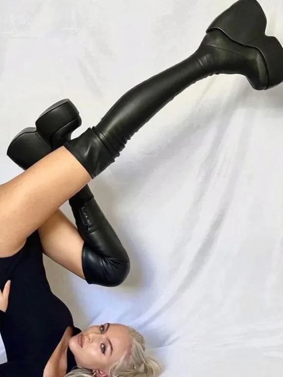 Bottes sexy à talons hauts bout carré talon compensé cuissardes noires cuissardes au-dessus du genou
