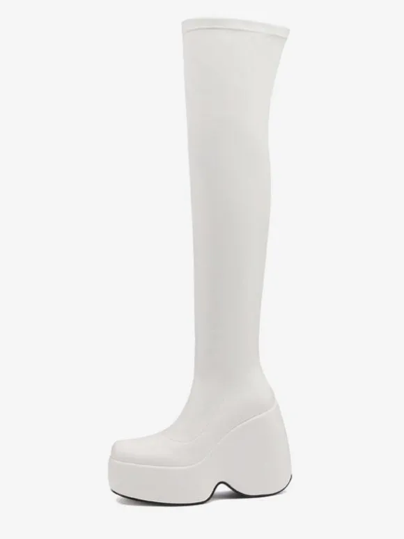 Bottes sexy à talons hauts bout carré talon compensé cuissardes noires cuissardes au-dessus du genou