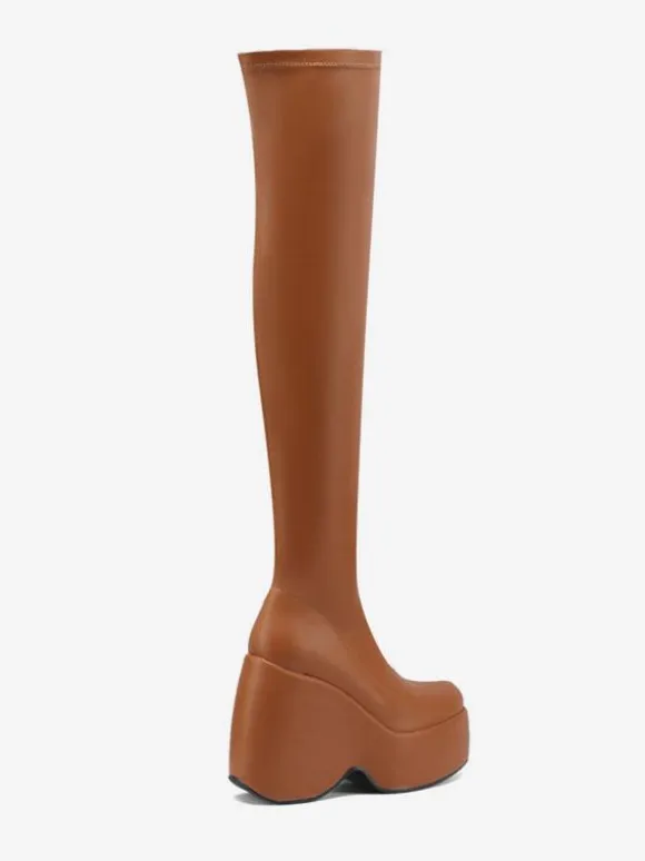 Bottes sexy à talons hauts bout carré talon compensé cuissardes noires cuissardes au-dessus du genou