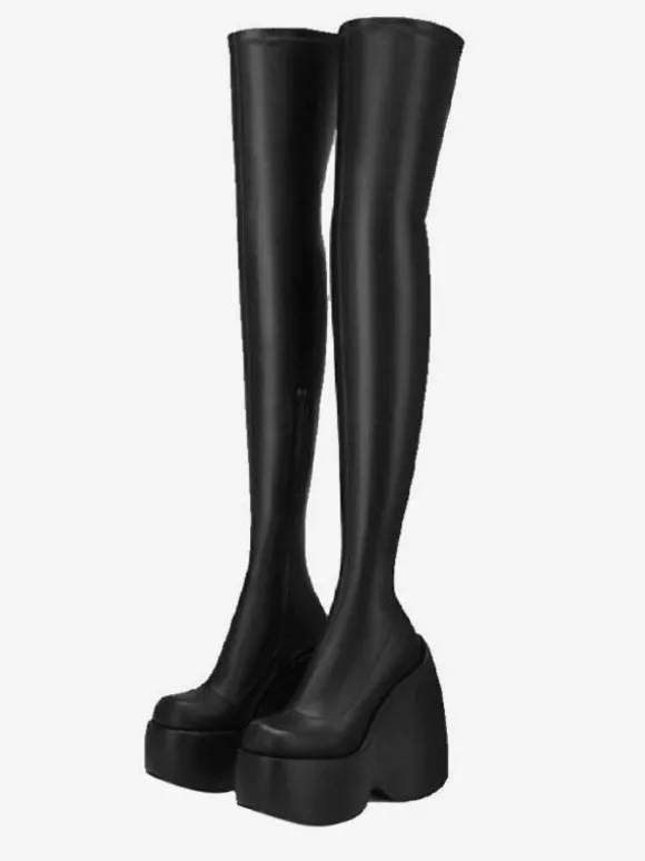 Bottes sexy à talons hauts bout carré talon compensé cuissardes noires cuissardes au-dessus du genou