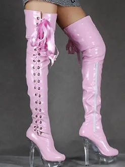 Bottes sexy à talons hauts bout rond à lacets fermeture éclair talon aiguille Rave Club cuissardes noires sur les bottes au genou