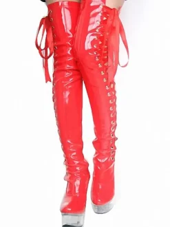 Bottes sexy à talons hauts bout rond à lacets fermeture éclair talon aiguille Rave Club cuissardes noires sur les bottes au genou