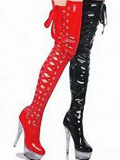 Bottes sexy à talons hauts bout rond à lacets fermeture éclair talon aiguille Rave Club cuissardes noires sur les bottes au genou