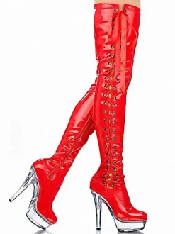 Bottes sexy à talons hauts bout rond à lacets fermeture éclair talon aiguille Rave Club cuissardes noires sur les bottes au genou