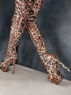 Bottes sexy à talons hauts plateforme léopard bout rond lacets talon aiguille bottes de pole dance cuissardes