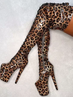 Bottes sexy à talons hauts plateforme léopard bout rond lacets talon aiguille bottes de pole dance cuissardes