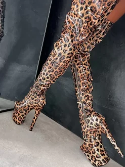 Bottes sexy à talons hauts plateforme léopard bout rond lacets talon aiguille bottes de pole dance cuissardes