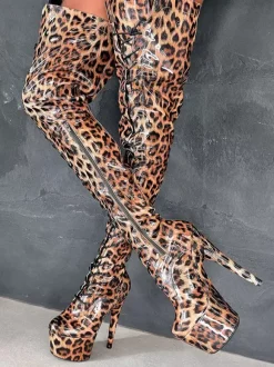 Bottes sexy à talons hauts plateforme léopard bout rond lacets talon aiguille bottes de pole dance cuissardes