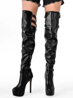 Bottes sexy au dessus du genou plateforme découpée détail de boucle talons hauts cuissardes grande taille