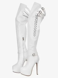 Bottes sexy au dessus du genou plateforme découpée détail de boucle talons hauts cuissardes grande taille