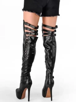 Bottes sexy au dessus du genou plateforme découpée détail de boucle talons hauts cuissardes grande taille