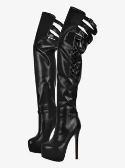 Bottes sexy au dessus du genou plateforme découpée détail de boucle talons hauts cuissardes grande taille