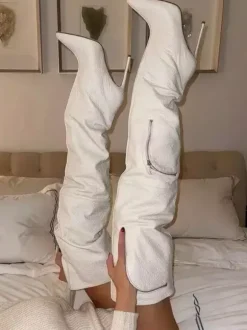 Bottes sexy au-dessus du genou pour femmes bottes hautes à bout pointu et à poche