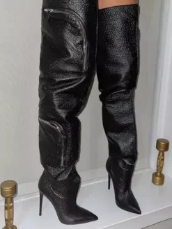 Bottes sexy au-dessus du genou pour femmes bottes hautes à bout pointu et à poche
