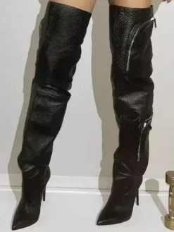 Bottes sexy au-dessus du genou pour femmes bottes hautes à bout pointu et à poche