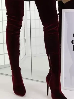 Bottes sexy au-dessus du genou en velours vert bottes à talons hauts et bout pointu