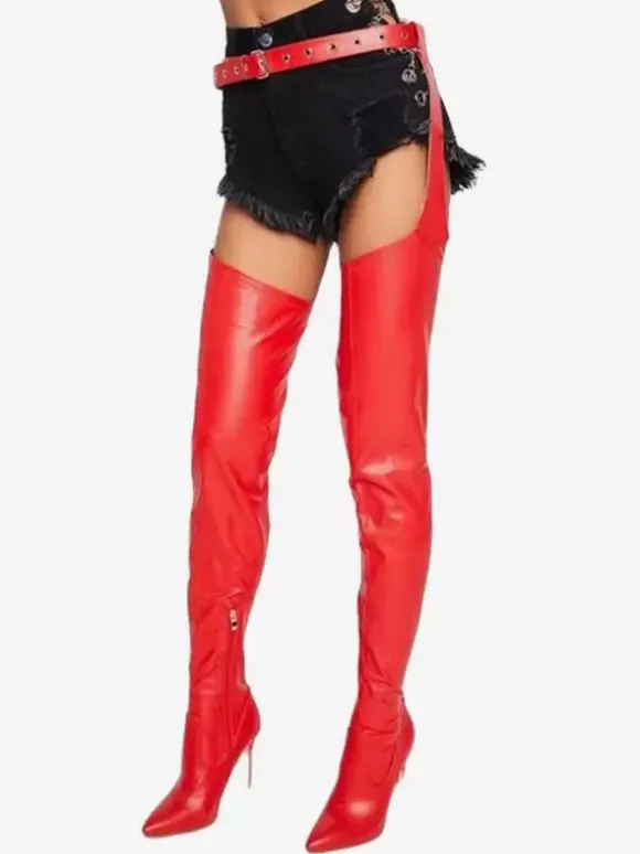 Bottes Sexy Femmes pointus Toe Slot-on boucle talonnette talon sur le genou cuisse noire haute bottes hautes