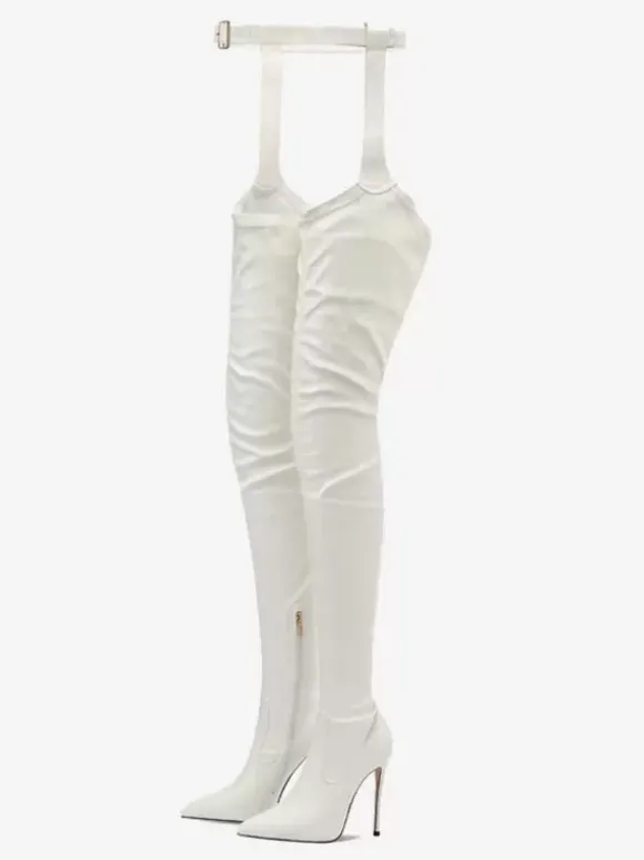 Bottes Sexy Femmes pointus Toe Slot-on boucle talonnette talon sur le genou cuisse noire haute bottes hautes