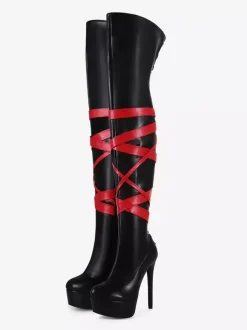 Bottes sexy noires unisexes à plateforme et bout ouvert talons hauts cuissardes