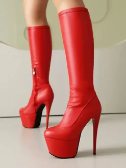 Bottes sexy pour femmes plateforme noire bout rond talon aiguille bottes hautes