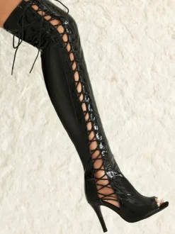 Bottes sexy rouges au-dessus du genou bout ouvert lacets talons hauts sandales au dessus du genou